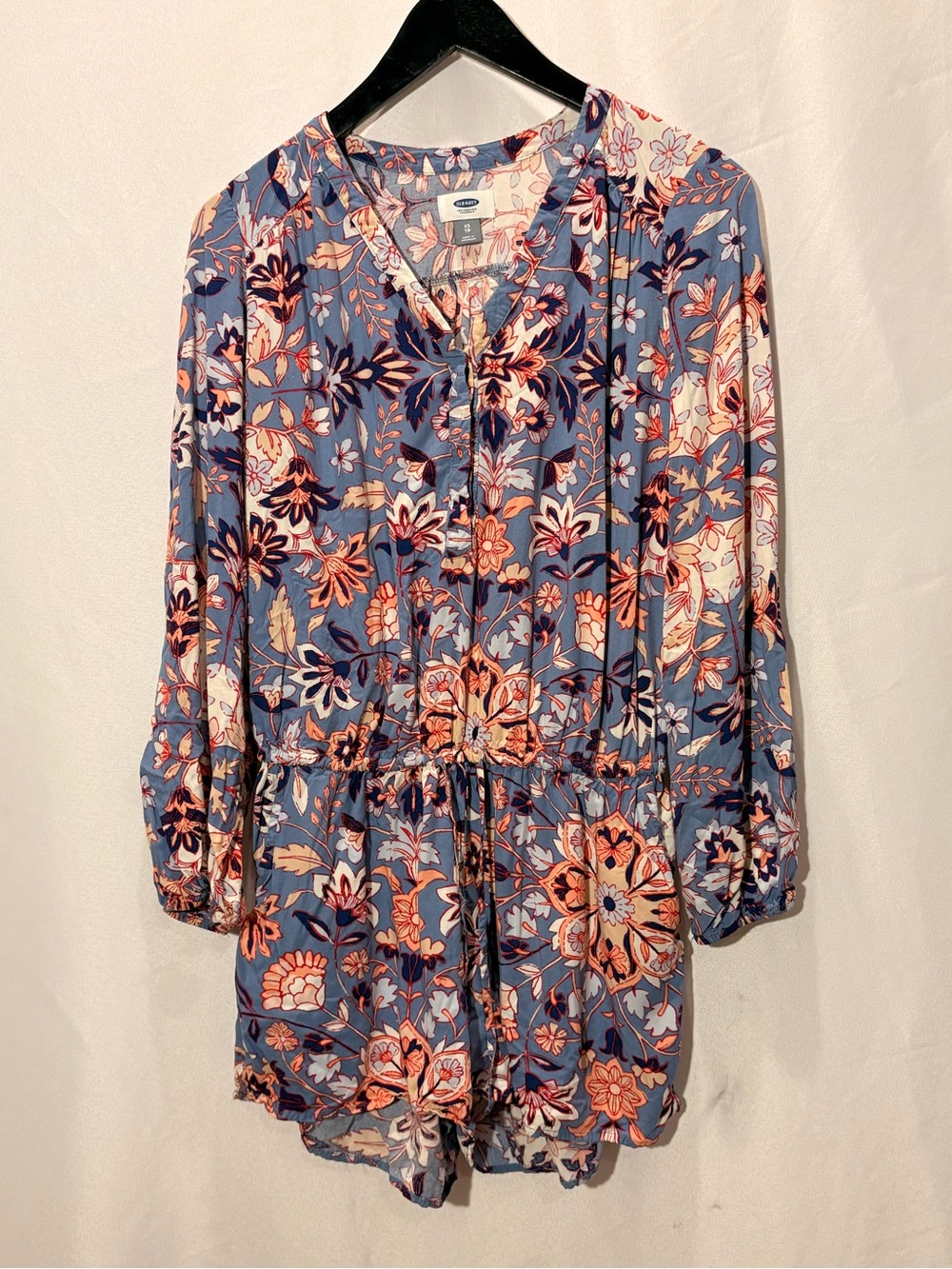 Old Navy Blue Floral Long-Sleeve Drawstring Romper